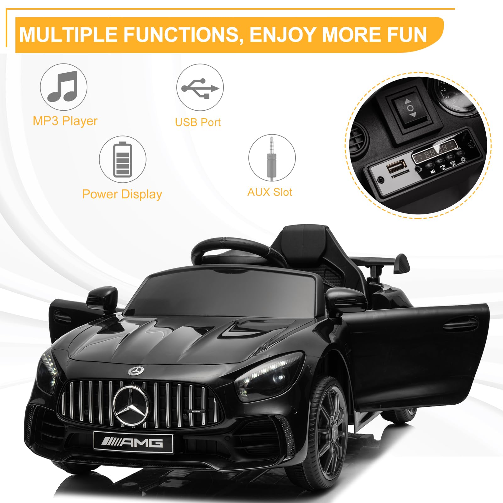 Karlhome 12V Ride on Car, Licensed Mercedes Benz AMG GTR with Parental Remote, 2 Motors Electric Car for Kids to Drive w/Wider Seat, LED Lights, Openable Doors, MP3, Smooth Start, 3 Speeds - Black