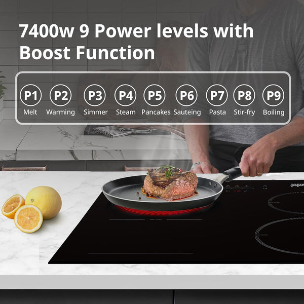 COMFEE' Induction Hob 7400 WATT with 4 Zones Induction Stove with Flexible Zone Built-in induction cooktop,Wiring, Touch control, Automatic Switch-Off, Child Safety Lock, No Plug Included
