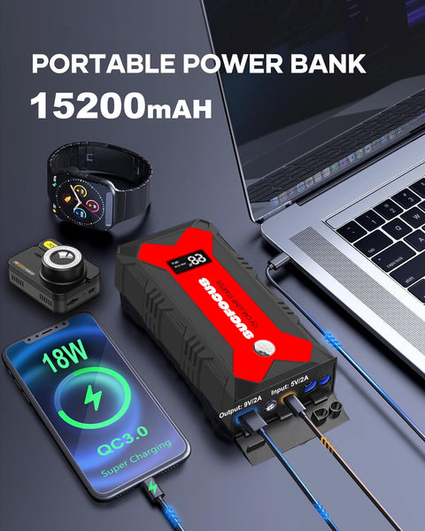 Jump Starter Power Pack, 2500A Car Battery Booster Jump Starter (for 8.0L Gas or 6.5L Diesel Engine), Car Jump Starter Power Bank, Battery Jump Starter with Jump Leads, LED Light/USB QC3.0