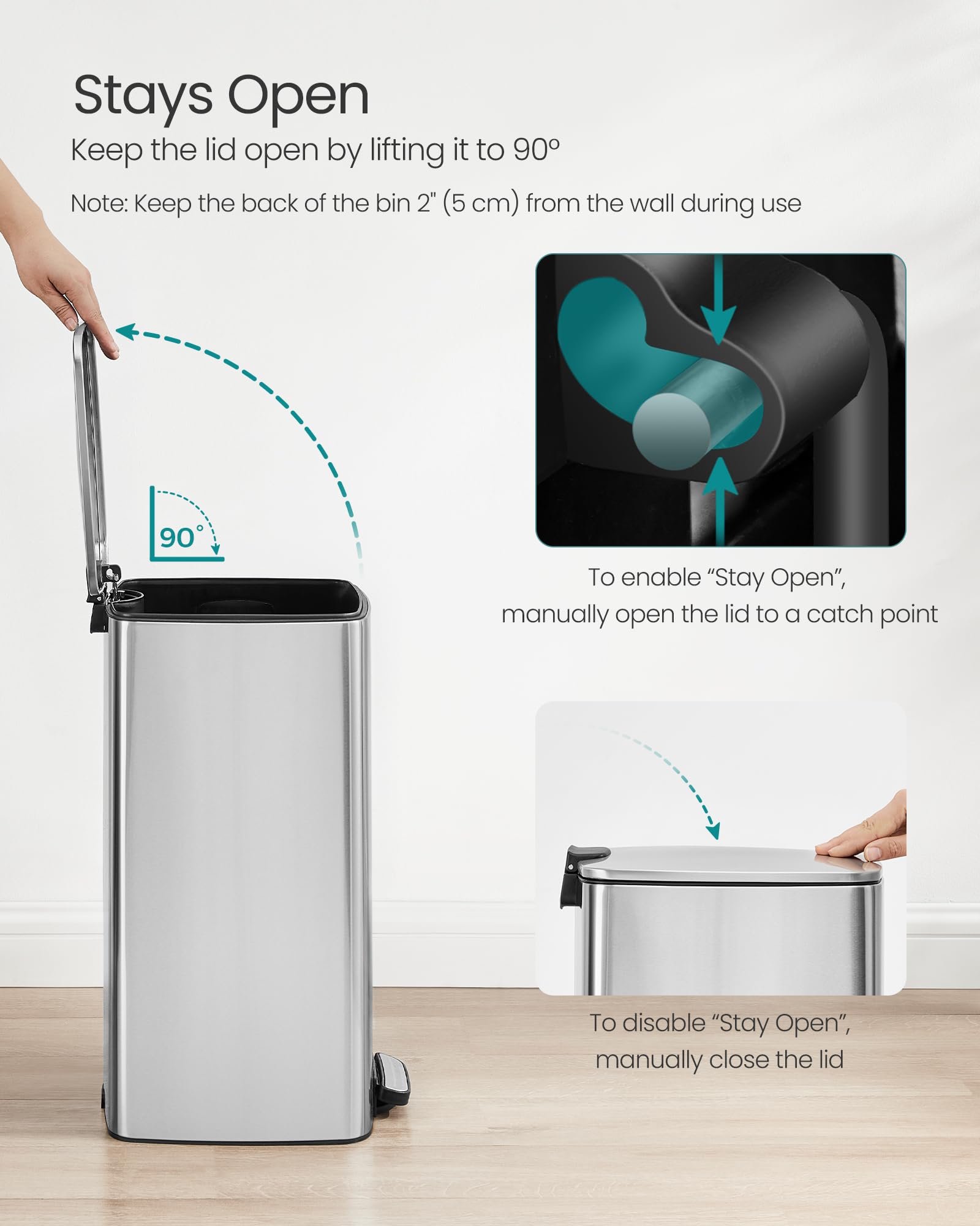 SONGMICS Kitchen Bin, 8-Gallon (30 L) Trash Bin, Steel Pedal Bin, with Inner Bucket, Soft Close and Stays Open, Metallic Silver LTB593E01