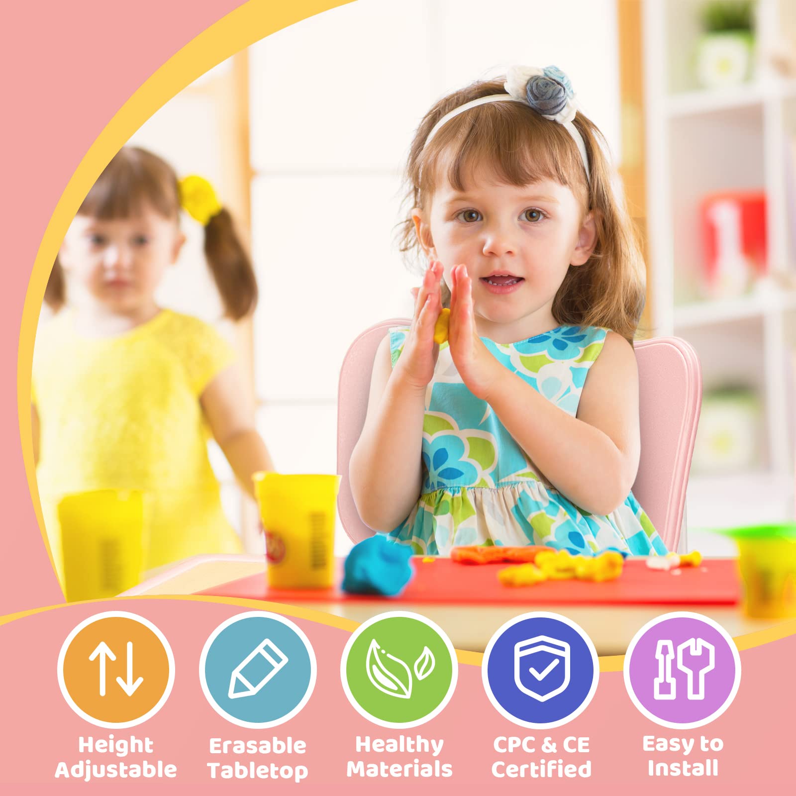 FUNLIO Kids Table and 2 Chairs Set, Height Adjustable Toddler Table and Chair Set for Ages 3-8, Easy to Wipe Arts & Crafts Table, for