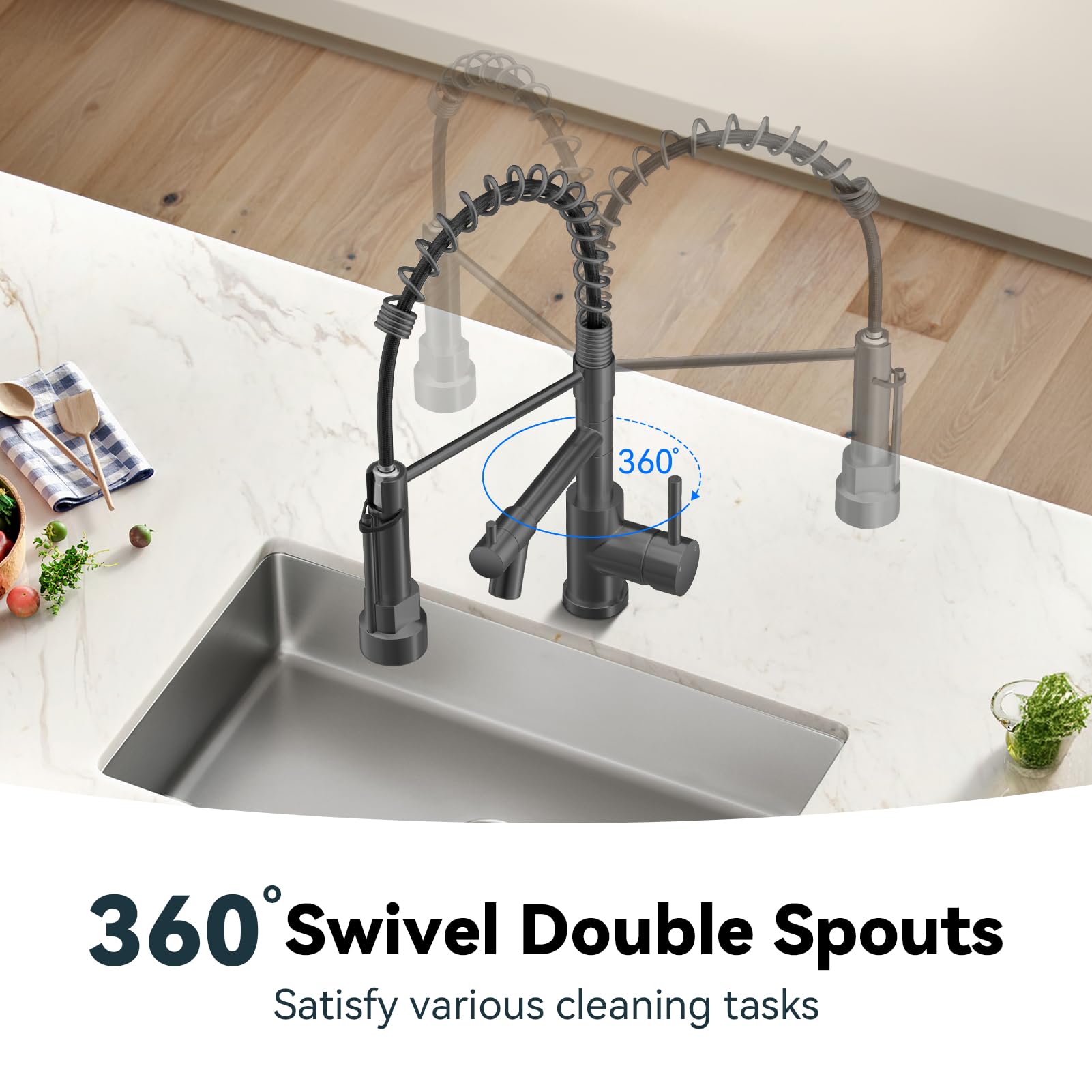 Warmiehomy 5 Modes Kitchen Taps Mixer with Pull Out Spray,High Arc 360° Swivel Dual Spout Pull Down Stainless Steel Kitchen Sink Taps,Brushed Nickel
