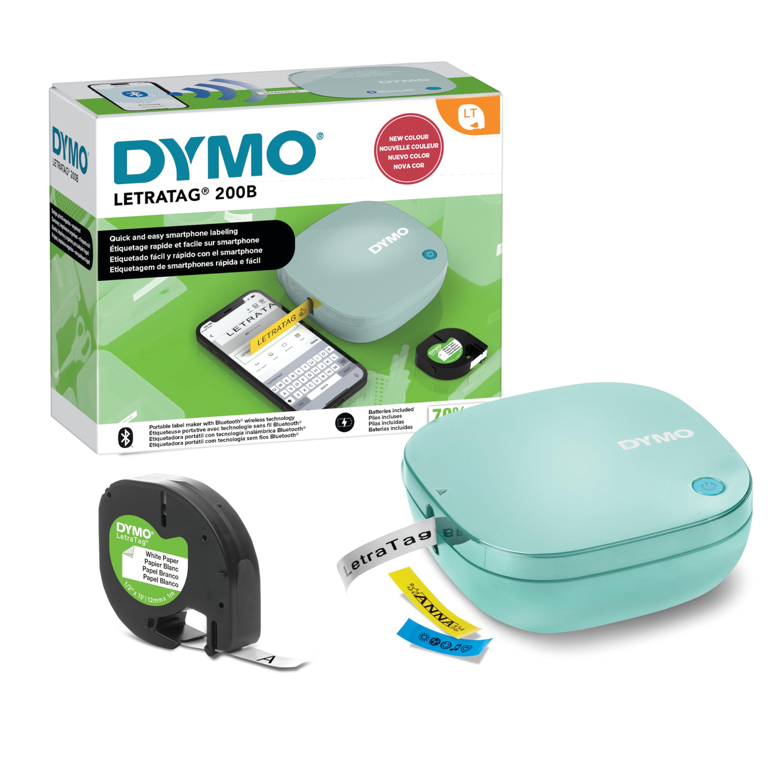 Dymo LetraTag 200B Bluetooth Label Maker | Compact Label Printer | Connects Through Bluetooth Wireless Technology to iOS and Android | Includes 1 White Paper Label Tape | Black