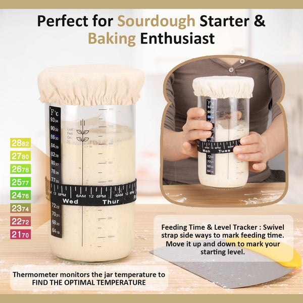 Sourdough Starter Kit for Beginner, 1000ml Sourdough Starter Jar, 2 Bread Proofing Baskets, Thermometer, Feeding Time Tracker, Metal Scraper, Easy to