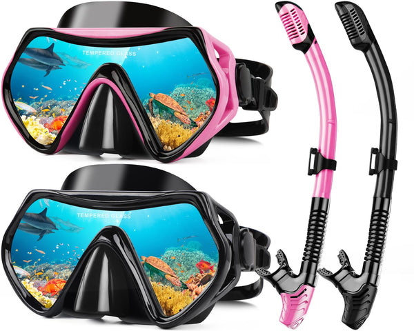 Hydomi Snorkel Set Adults 180° Panoramic Anti-Fog Snorkel Mask with Dry Top Valve, Leak-Proof Tempered Glass Diving Set for Swimming Snorkeling, Travel-Friendly Kit with Adjustable Straps
