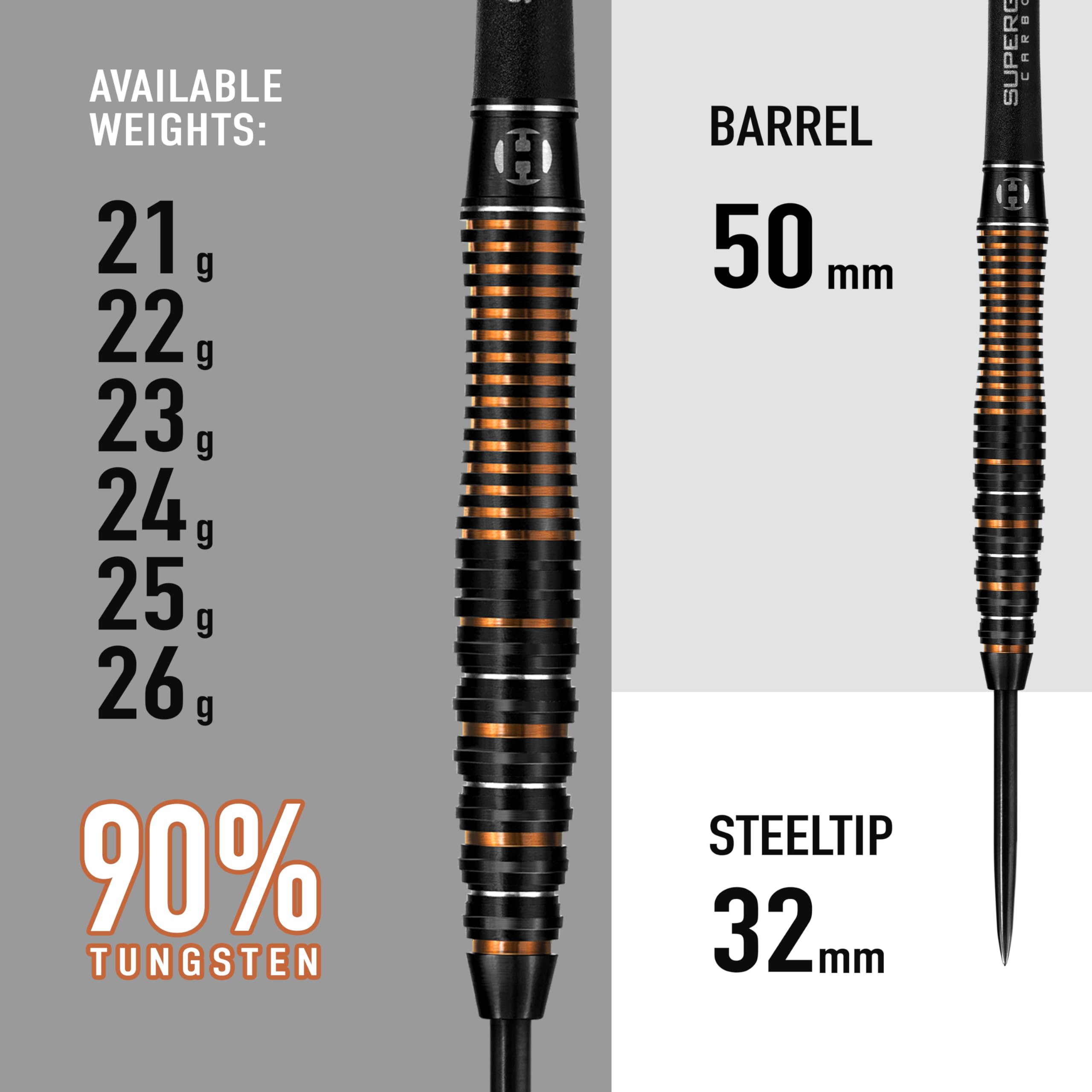 Harrows Noble 90% Tungsten Steel Tip Darts Set 22g, 23g, 24g & 25g - Includes Silver Supergrip Carbon Shafts & Micron Noble Flights (23g)