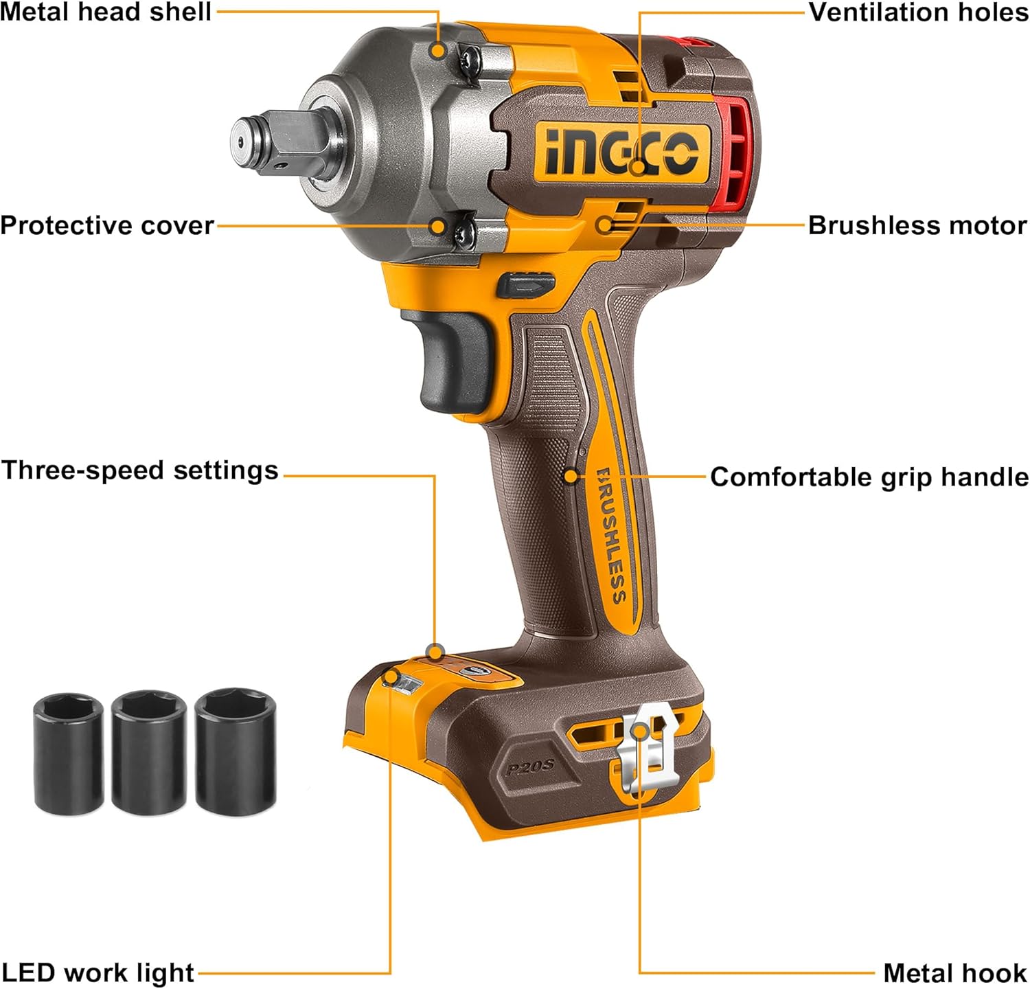 Ingco Cordless Impact Wrench 400NM (Body Only) 1/2 Inch 20V Brushless Electric Impact Gun with 3Pcs Sockets (17/19/21mm) CIWLI20401