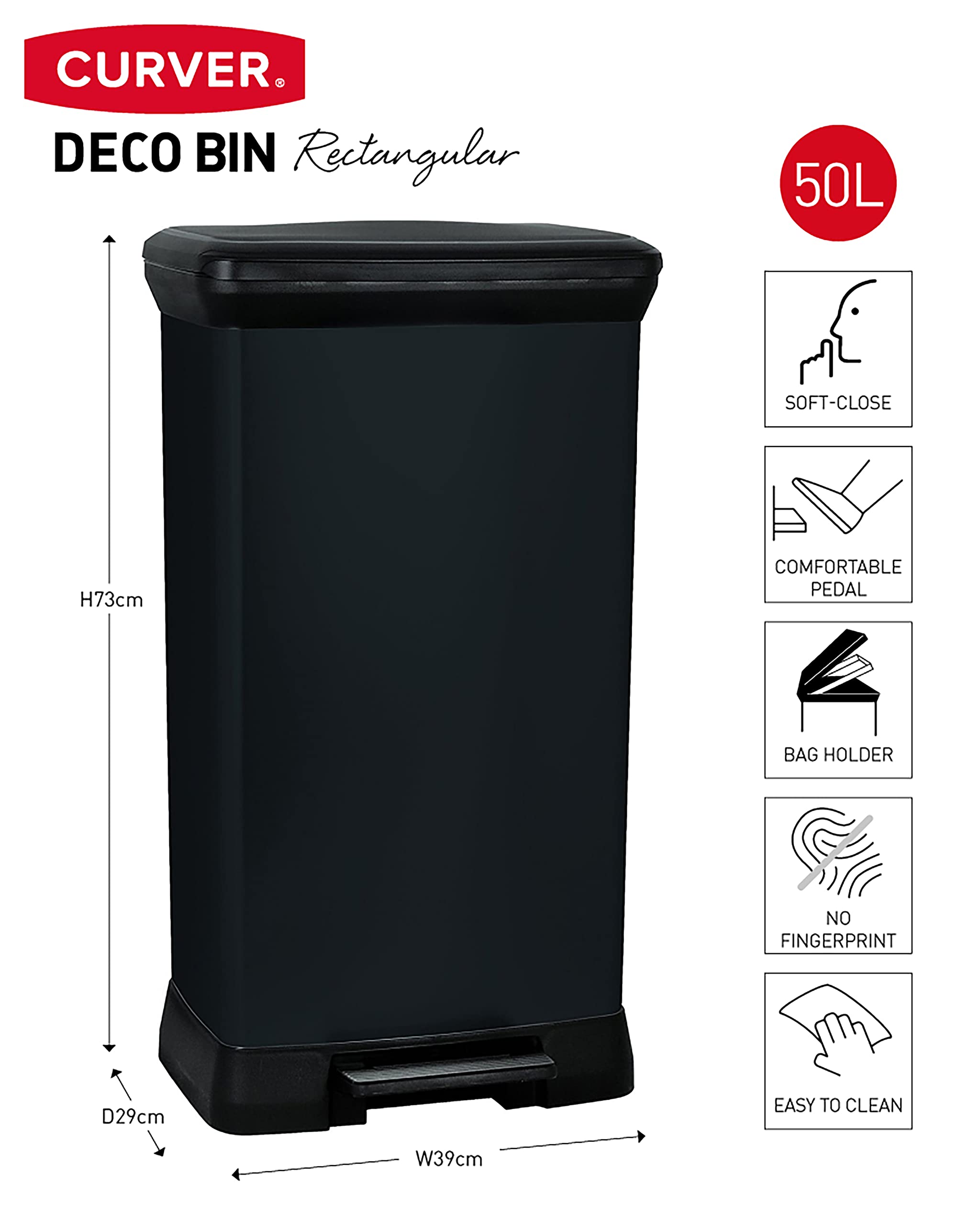 Curver Metal Effect 70% Recycled Kitchen Pedal Touch Deco Bin 50 Litres - Silver