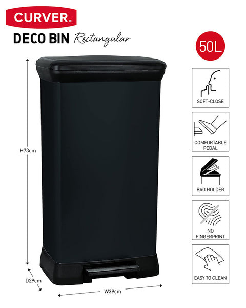 Curver Metal Effect 70% Recycled Kitchen Pedal Touch Deco Bin 50 Litres - Silver
