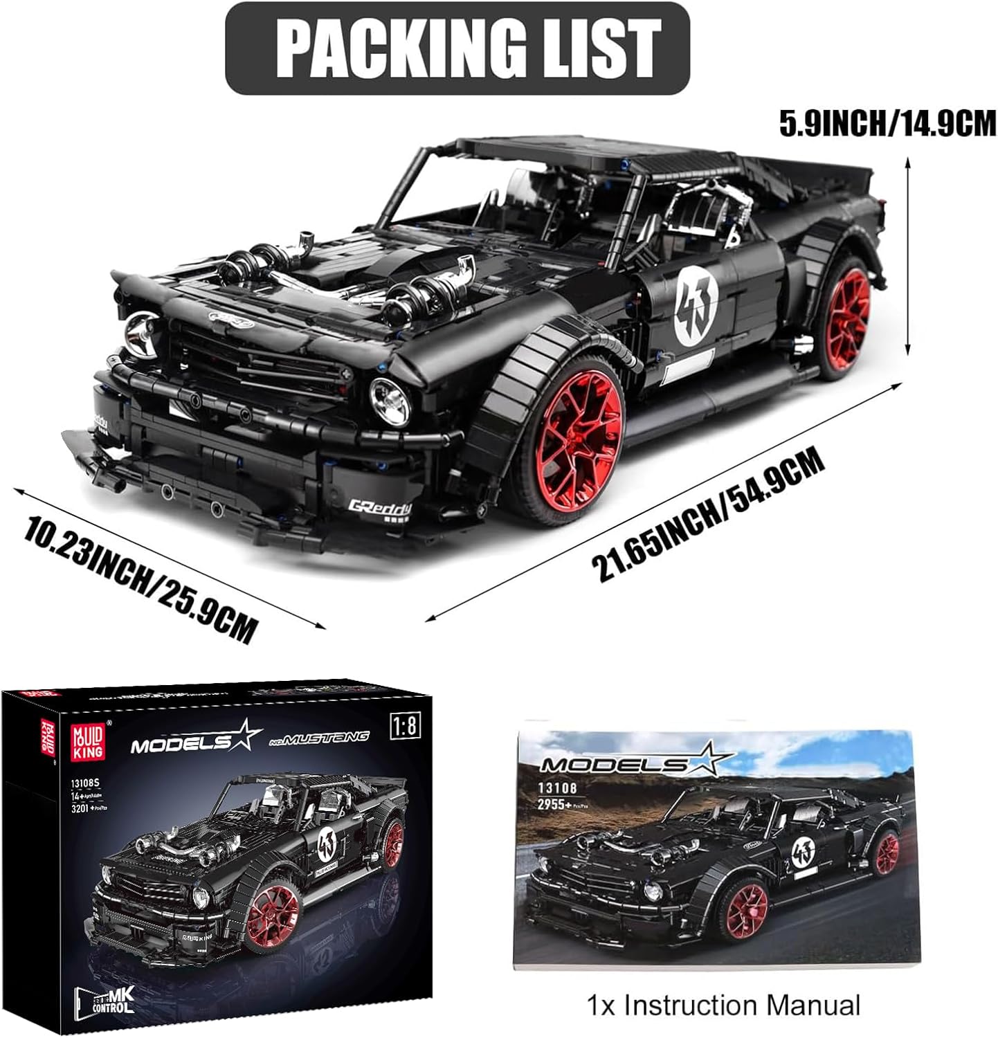 Mould King 13108N MOC Mustang Car Building Kits, 1:8 Scale Super Car Model Block Sets, Race Car Model Set, Adult Collectible Kits to Build, Boy Toys for Birthday Gifts (2943 Pieces)