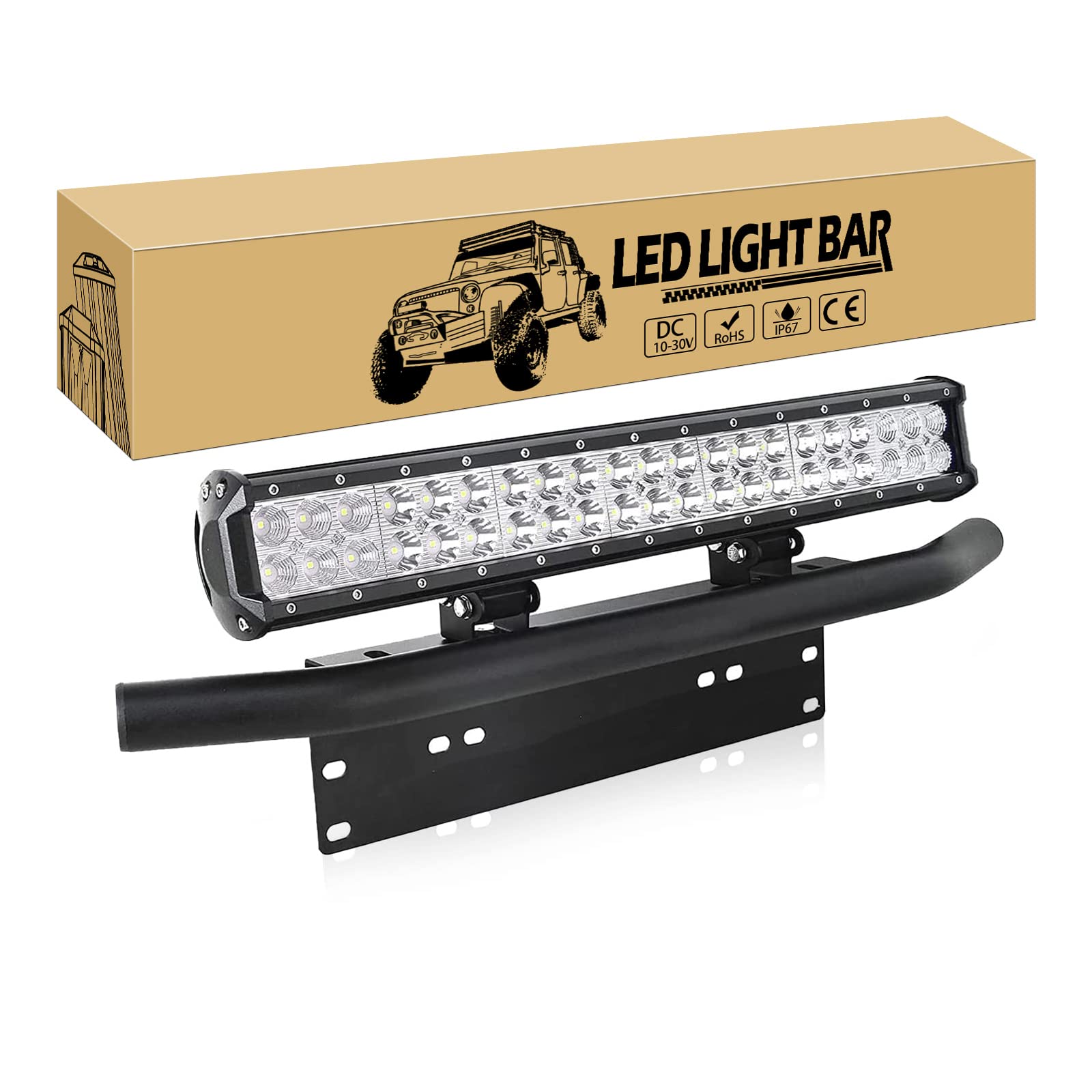Willpower 126W 20 Inch LED Light Bar + 23 Inch License Plate Holder Universal Aluminum + Wiring Harness Kit Mount Bull Bar Front Bumper Number Plate Frame for Off Road Work Light