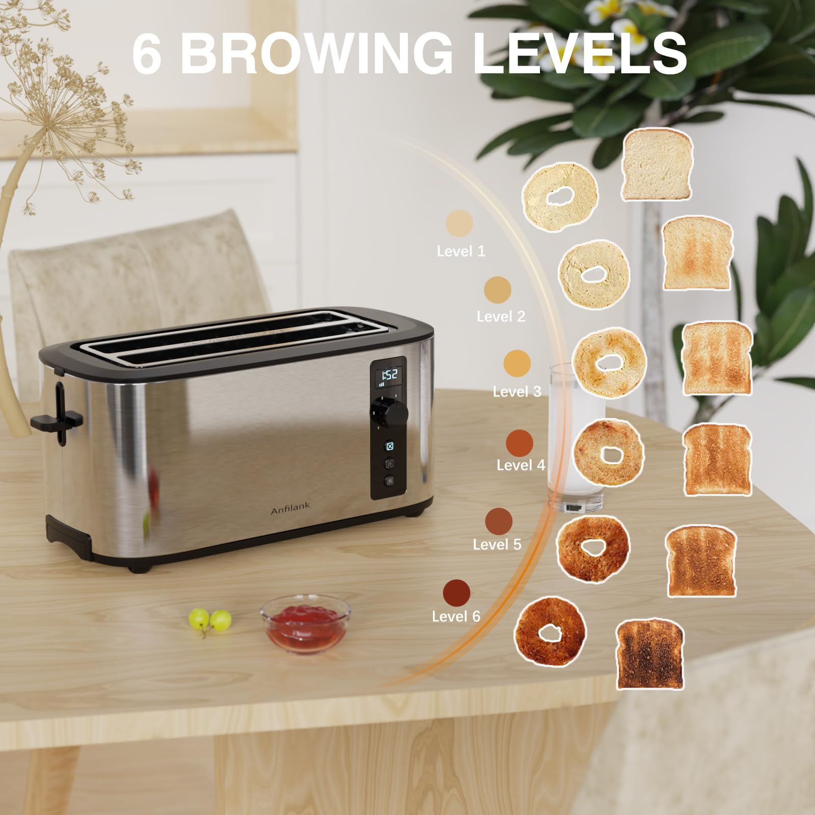 Anfilank Toaster 4 Slice, Countdown Timer, 6 Browning Settings, Built-in Warming Rack, Defrost/Reheat/Cancel Functions, Removable Crumb Tray,