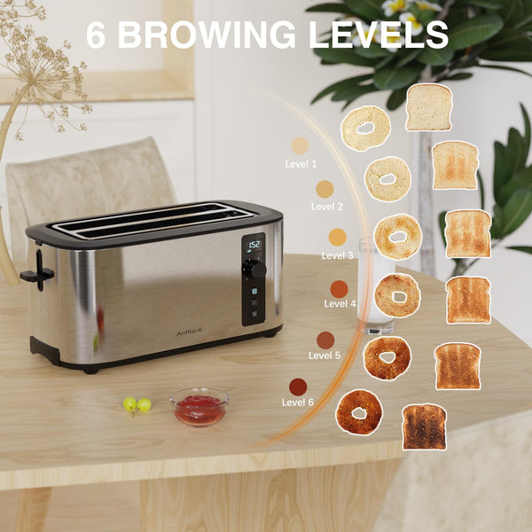 Anfilank Toaster 4 Slice, Countdown Timer, 6 Browning Settings, Built-in Warming Rack, Defrost/Reheat/Cancel Functions, Removable Crumb Tray,