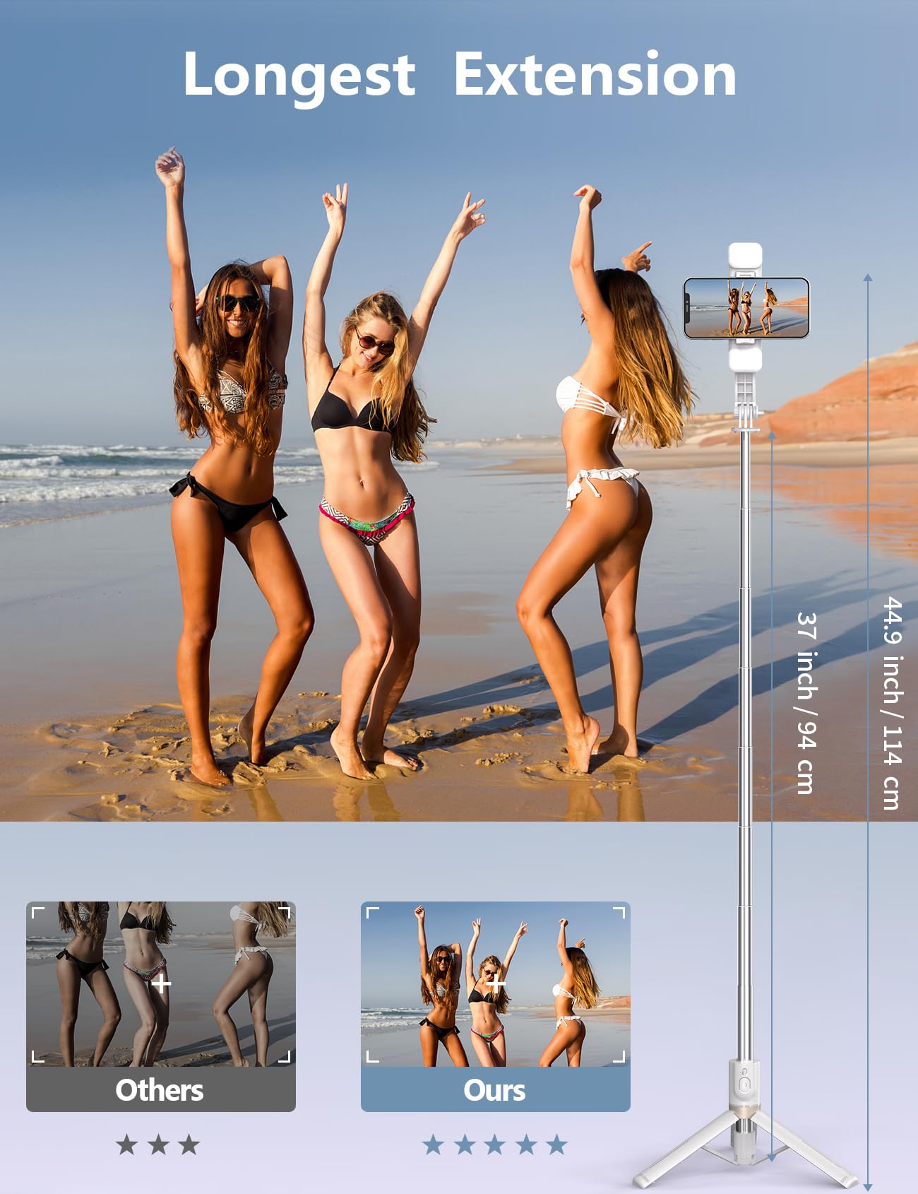 Selfie Stick Tripod with 2 Fill Lights, 45'' Extra Long Phone Tripod with Detachable Remote, Compatible with iPhone, Samsung, Smartphones