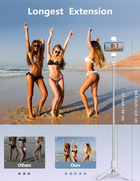 Selfie Stick Tripod with 2 Fill Lights, 45'' Extra Long Phone Tripod with Detachable Remote, Compatible with iPhone, Samsung, Smartphones