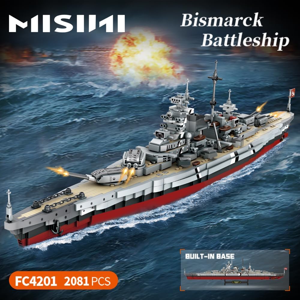 Technik FC4201 German Battleship Bismarck Clamping Blocks, 2081 PCS/MOC Large WWII German Military Warship Marine Battleship Model for Adults, Compatible with Major Brands