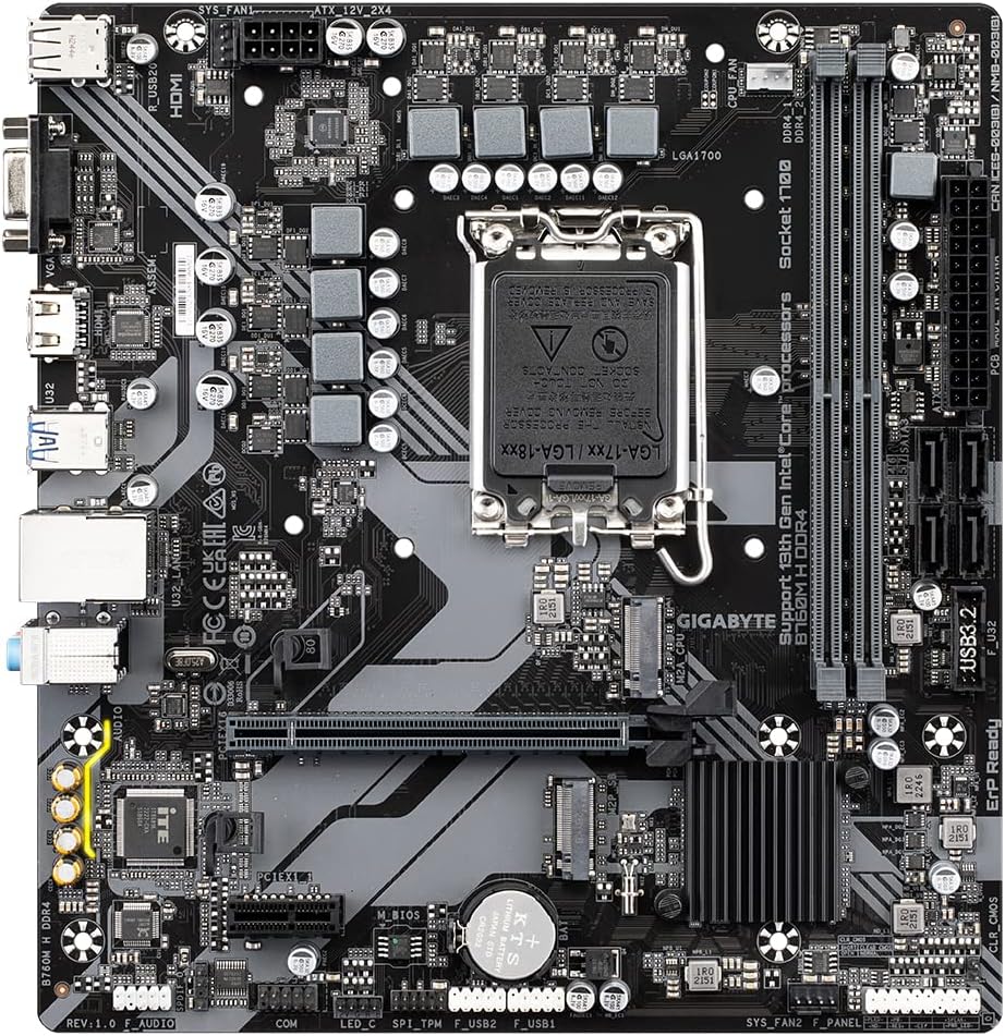 Gigabyte B760M H DDR4 Motherboard - Supports Intel Core 14th Gen CPUs, 6+1+1 Phases Digital VRM, up to 3200MHz DDR4 (OC), 2xPCIe 4.0 M.2, GbE LAN, USB 3.2 Gen1