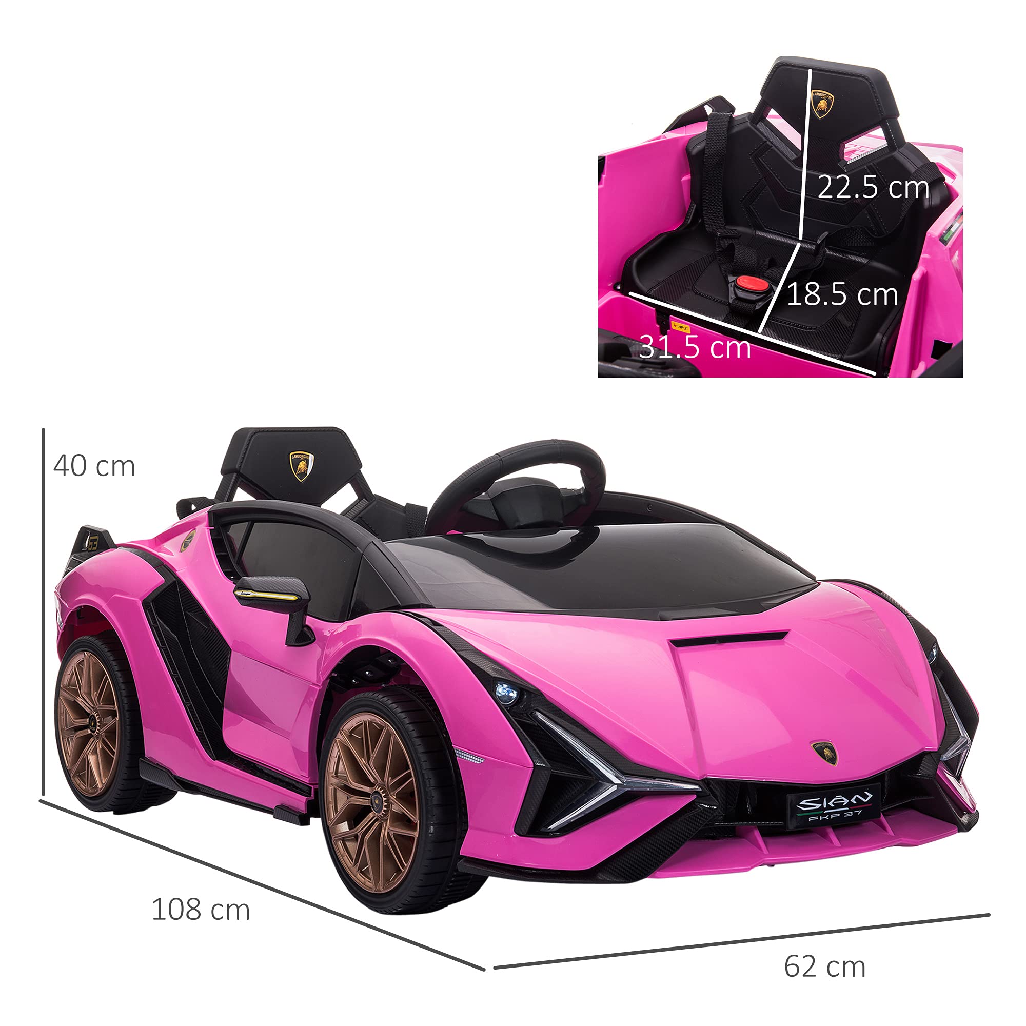 HOMCOM Lamborghini Sian Licensed 12V Kids Electric Ride On Car 2 Motors Toy Car with Remote Control Music Lights MP3 for 3-5 Years Green