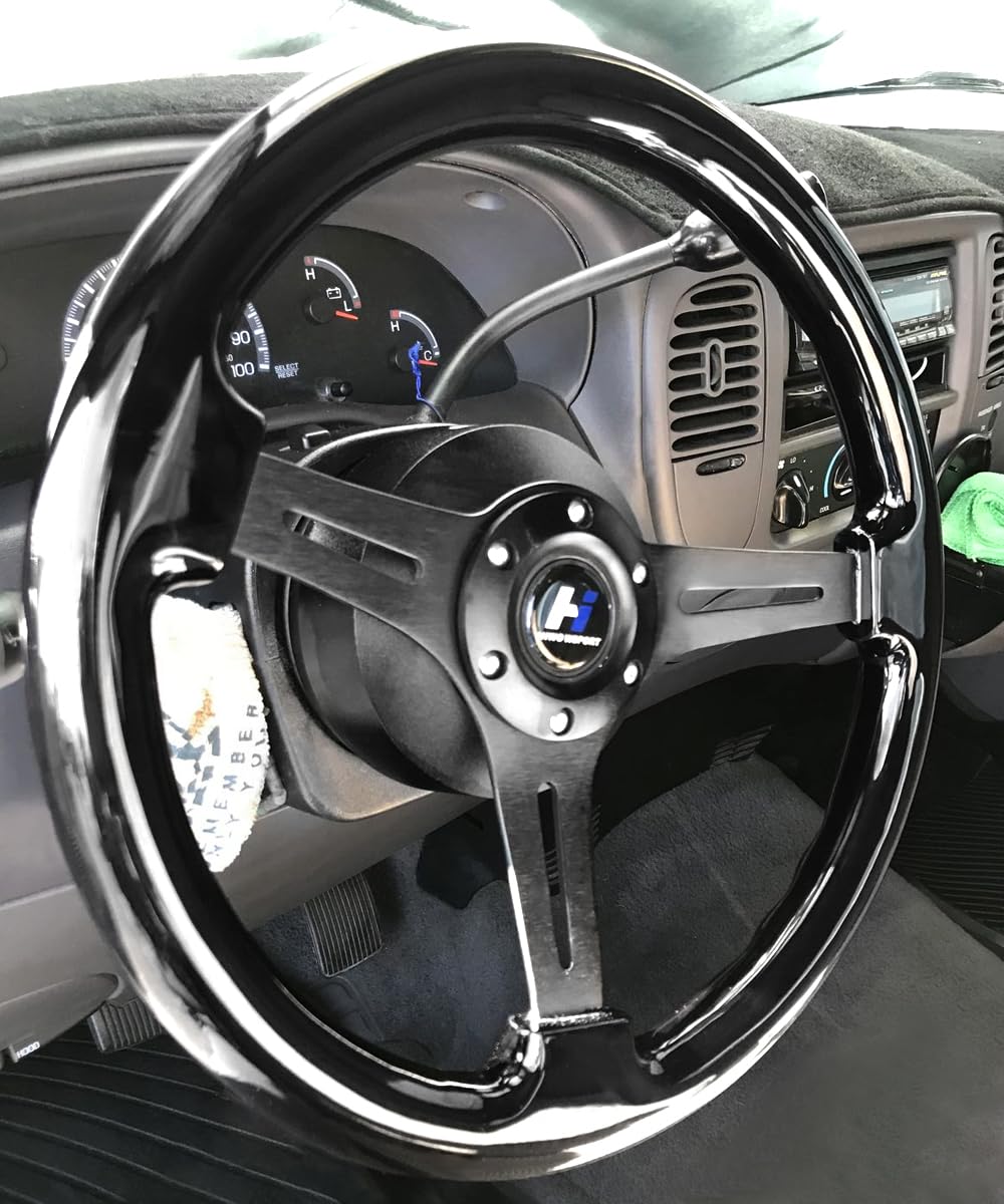 Hiracing 14" Universal Classic Wood Grain Steering Wheel Brushed 3 Spoke 1.5 Depth Steering Wheel with Horn Button 6 bolts (010)