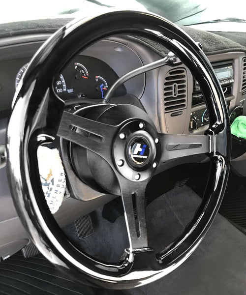 Hiracing 14" Universal Classic Wood Grain Steering Wheel Brushed 3 Spoke 1.5 Depth Steering Wheel with Horn Button 6 bolts (010)