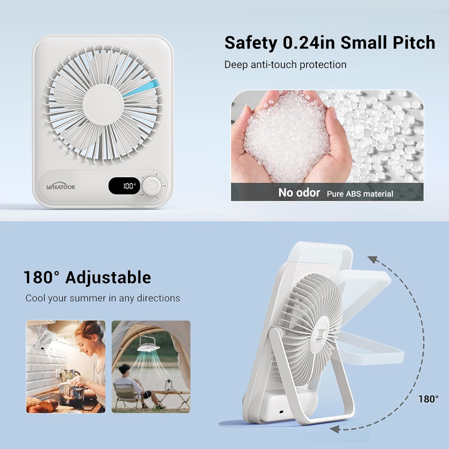 WHATOOK Mini Desk Fan USB: 2000mAh Rechargeable Ultra Quiet 1-100 Speeds Desktop Fans with LED Display, 3-10H Runtime, Child-Safe Grille Cooling Small Portable Table-Fan for Home, Office & Travel