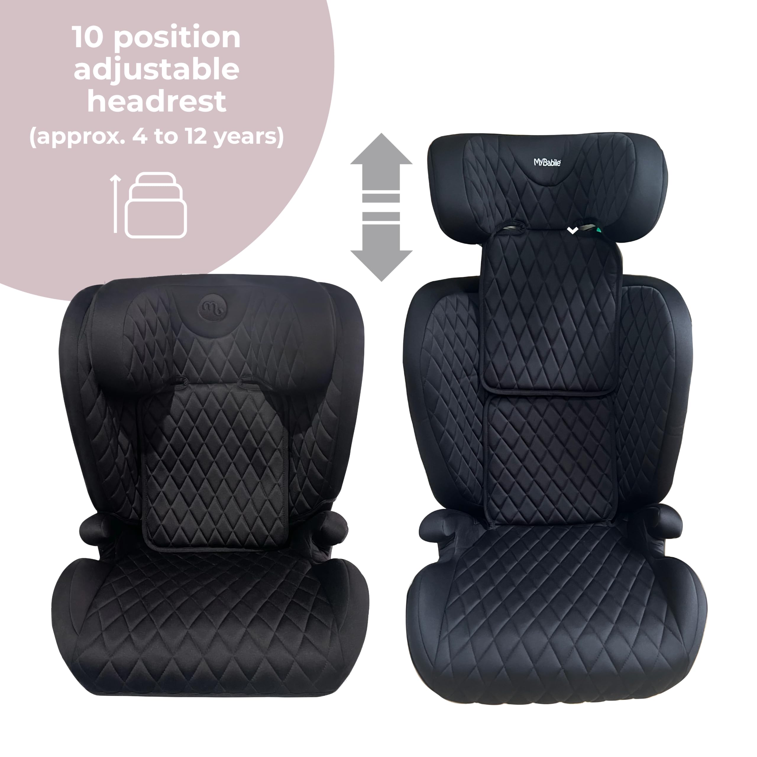 My Babiie Highback Booster Car Seat - ISOFIX, 100-150cm (Approx. 4-12 Years, Group 2/3), i-Size R129, Adjustable Child High Back Seat, Padded, 10 Position Headrest - Black Quilted