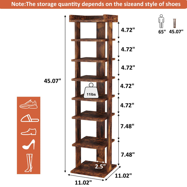 HOME BI 7-Tier Narrow Shoe Rack,Corner Shoe Tower, Slim Shoe Organizer, Wooden Shoe Storage Stand for Entryway, Hallway, Closet, Rustic Brown