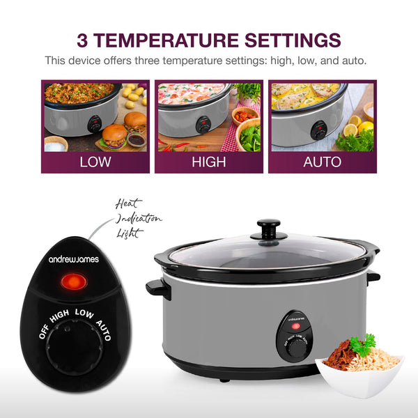 Andrew James 6.5L Slow Cooker with Removeable Easy Clean Ceramic Bowl, 3 Temperature Settings, Energy Efficient Large Slow Cooker with Tempered Glass Lid, Cool Touch Handles & Non-Slip Feet (Grey)