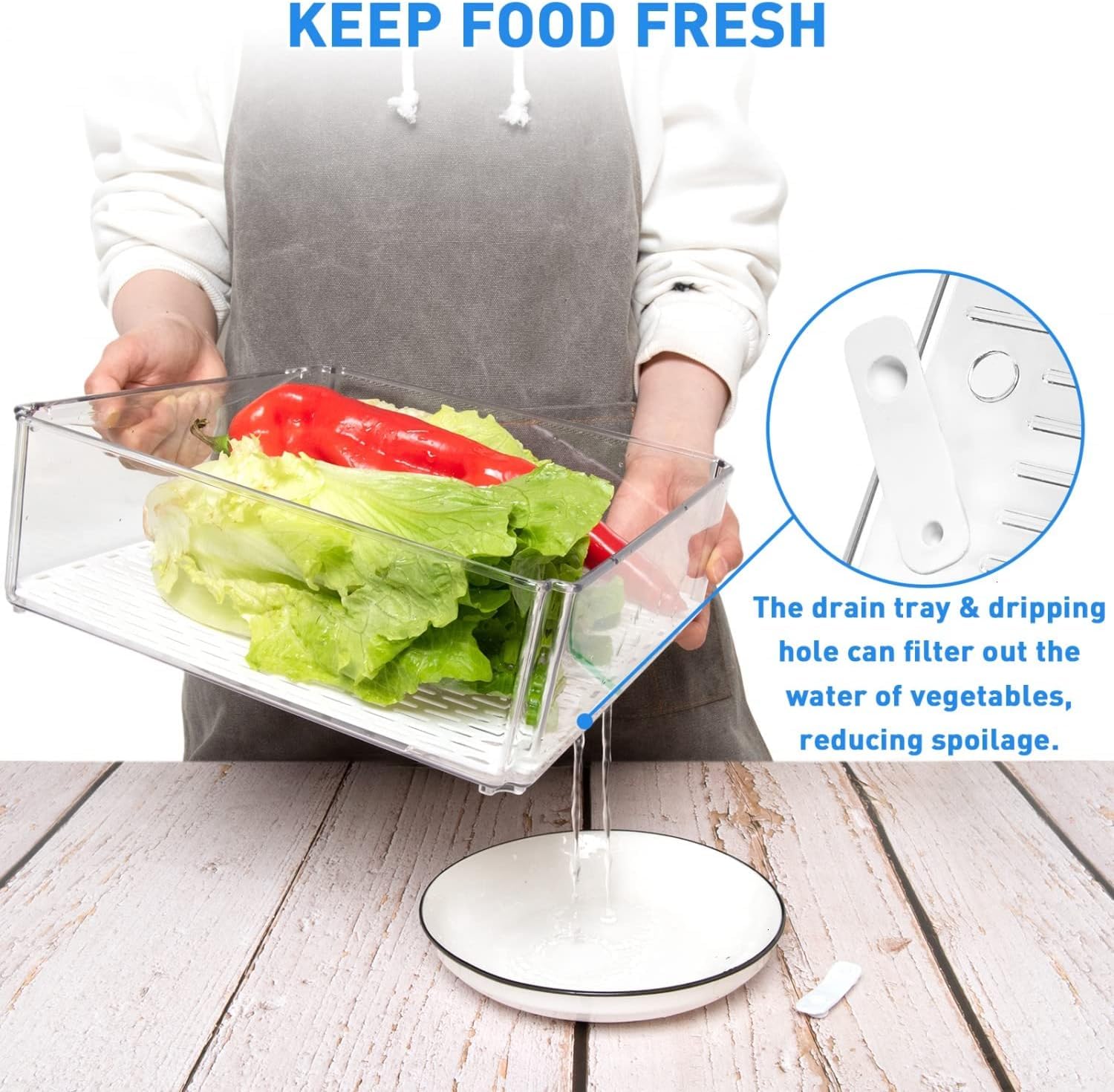 IVODEELA 10 Pack Fridge Organisers with Lids,Stackable Clear Fridge Storage Containers,Refrigerator Organiser With Drain Tray for Vegetable Fruit