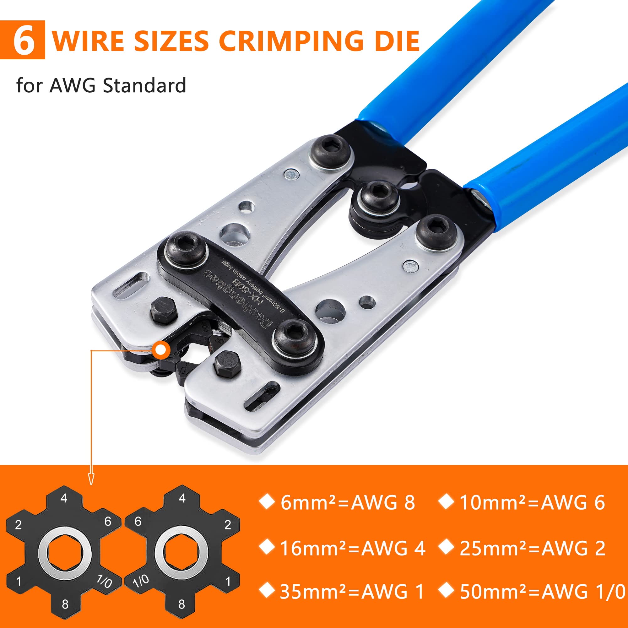 HX-50B Battery Cable Lug Crimping Tools Hand Electrician Pliers for Crimping Wire Cable from 6-50mm²(AWG 8-1/0) with Thickened and Reinforced The Metal Plate (HX50B Crmper +60PCSTerminals)