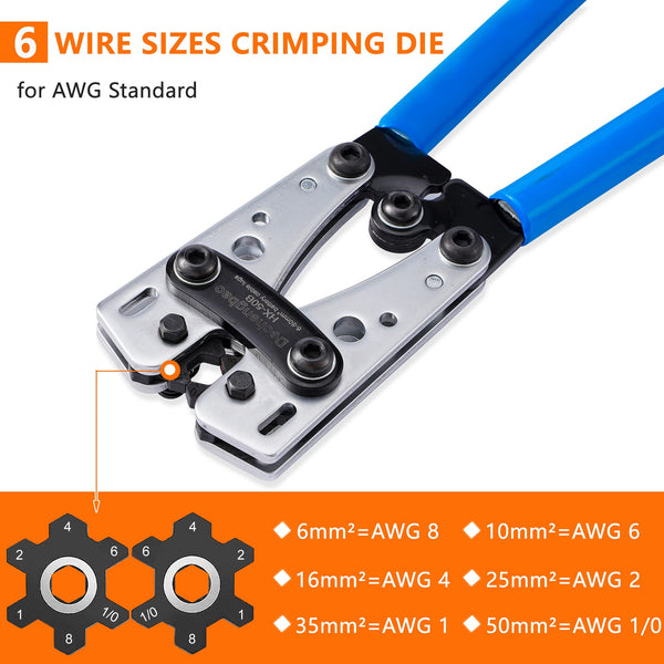 HX-50B Battery Cable Lug Crimping Tools Hand Electrician Pliers for Crimping Wire Cable from 6-50mm²(AWG 8-1/0) with Thickened and Reinforced The Metal Plate (HX50B Crmper +60PCSTerminals)