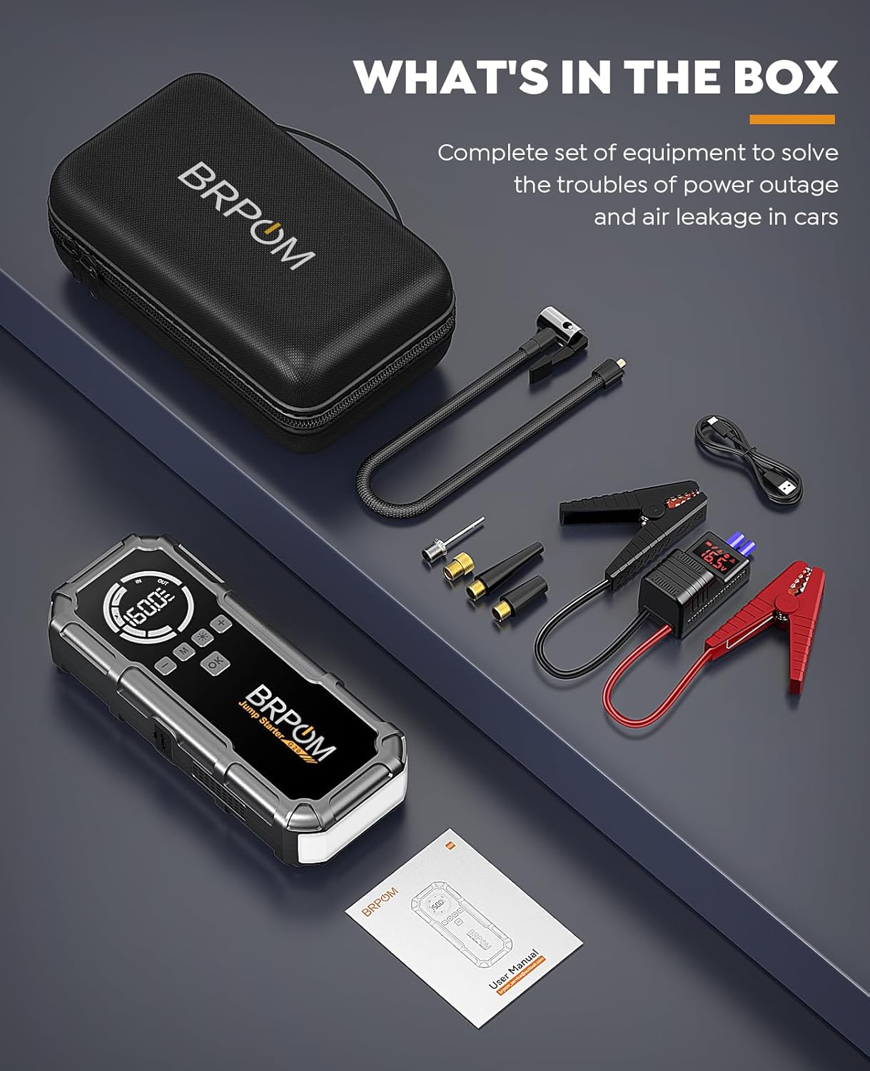 Jump Starter Power Pack with Air Compressor, BRPOM 8000A Portable Jump Starter 160PSI(All Petrol/12L Diesel), 12V Car Jumper Power Bank with Jump Clamps, LCD Screen, Emergency Light