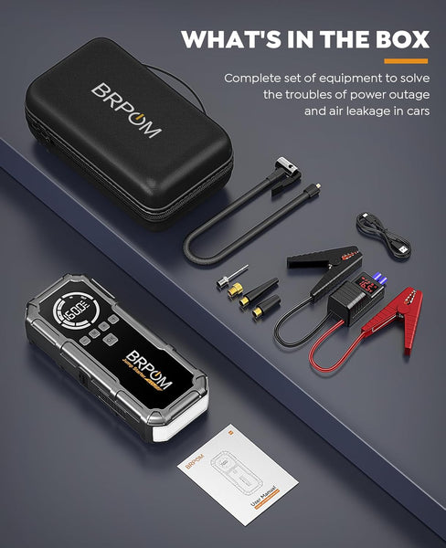 Jump Starter Power Pack with Air Compressor, BRPOM 8000A Portable Jump Starter 160PSI(All Petrol/12L Diesel), 12V Car Jumper Power Bank with Jump Clamps, LCD Screen, Emergency Light