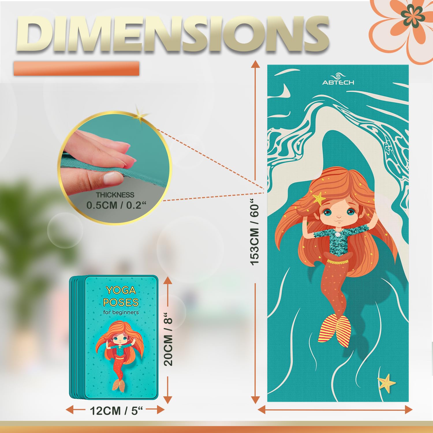 Kids Yoga Mat Set for Boys & Girls - Doll, Unicorn and Mermaid - Chemical Free - Non-Toxic - Non-Slip - 60 X 24 X 0.2 Inches - w/ 12 Yoga Cards - Cute