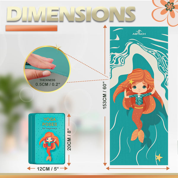 Kids Yoga Mat Set for Boys & Girls - Doll, Unicorn and Mermaid - Chemical Free - Non-Toxic - Non-Slip - 60 X 24 X 0.2 Inches - w/ 12 Yoga Cards - Cute