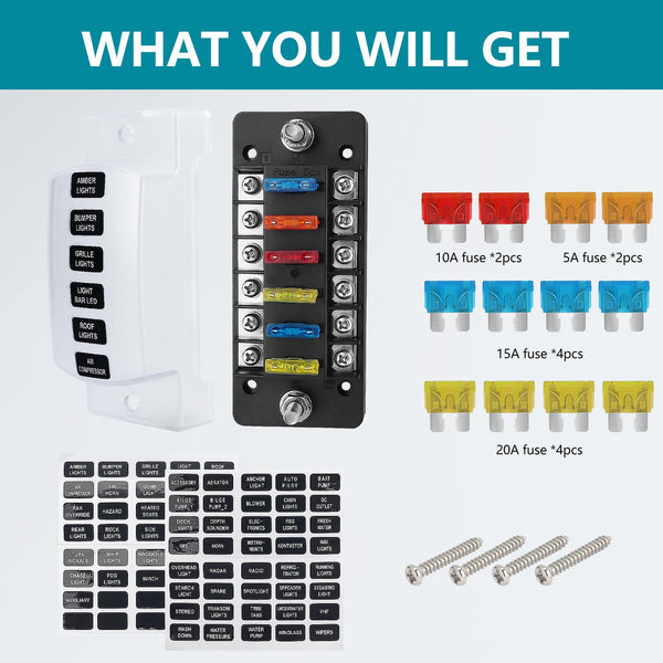 Chelhead 6 Way Boat Fuse Block with LED Indicator 6 Circuit Blade Fuse Blocks 12 Volt Automotive Waterproof with Negative Bus Suitable for 12V/24V Car RV Trailer Truck