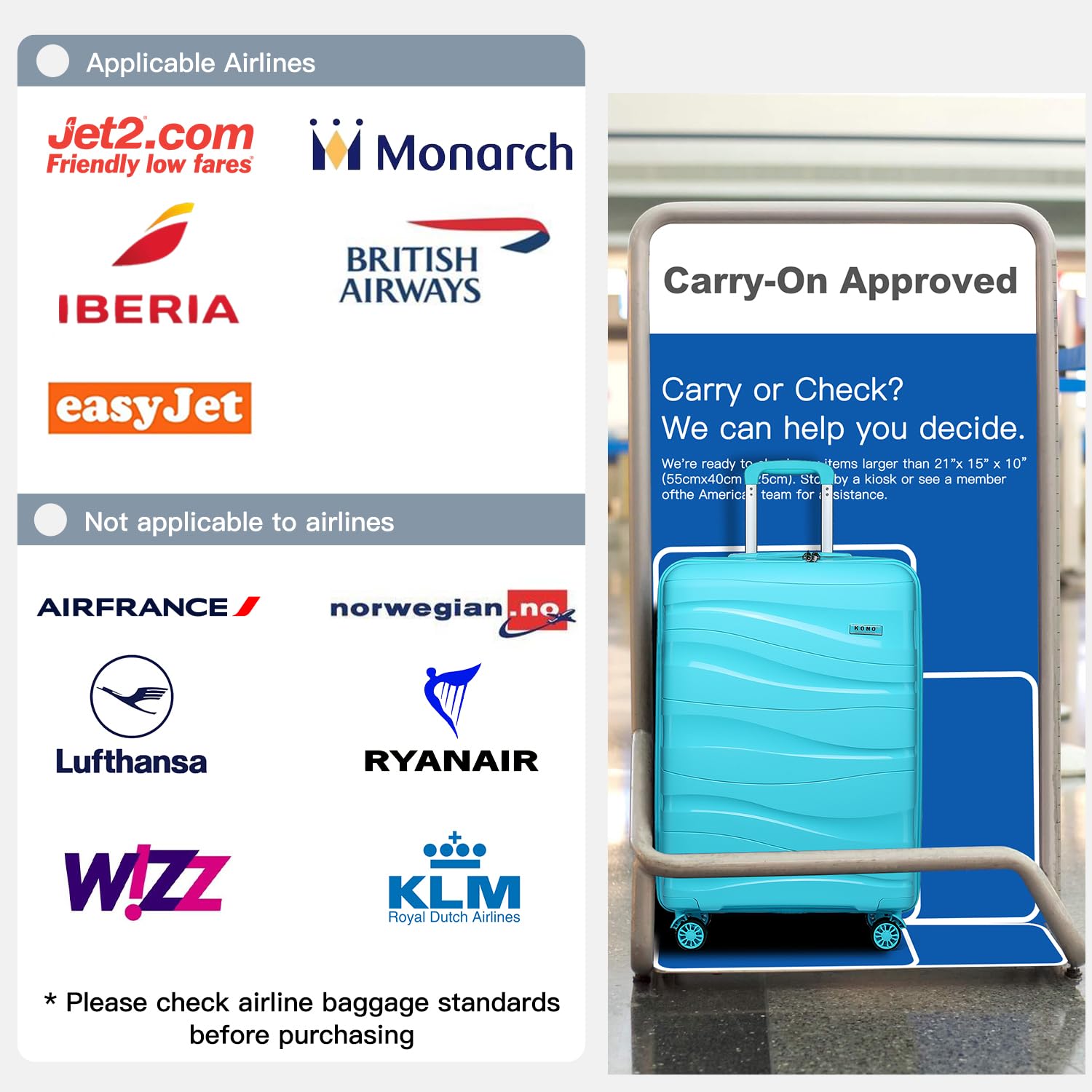 Kono Luggage Sets of 2 Piece Lightweight Polypropylene Hard Shell Suitcase with TSA Lock Spinner Wheels Travel Carry On Hand Cabin Luggage with Beauty Case (Set of 2, Black)