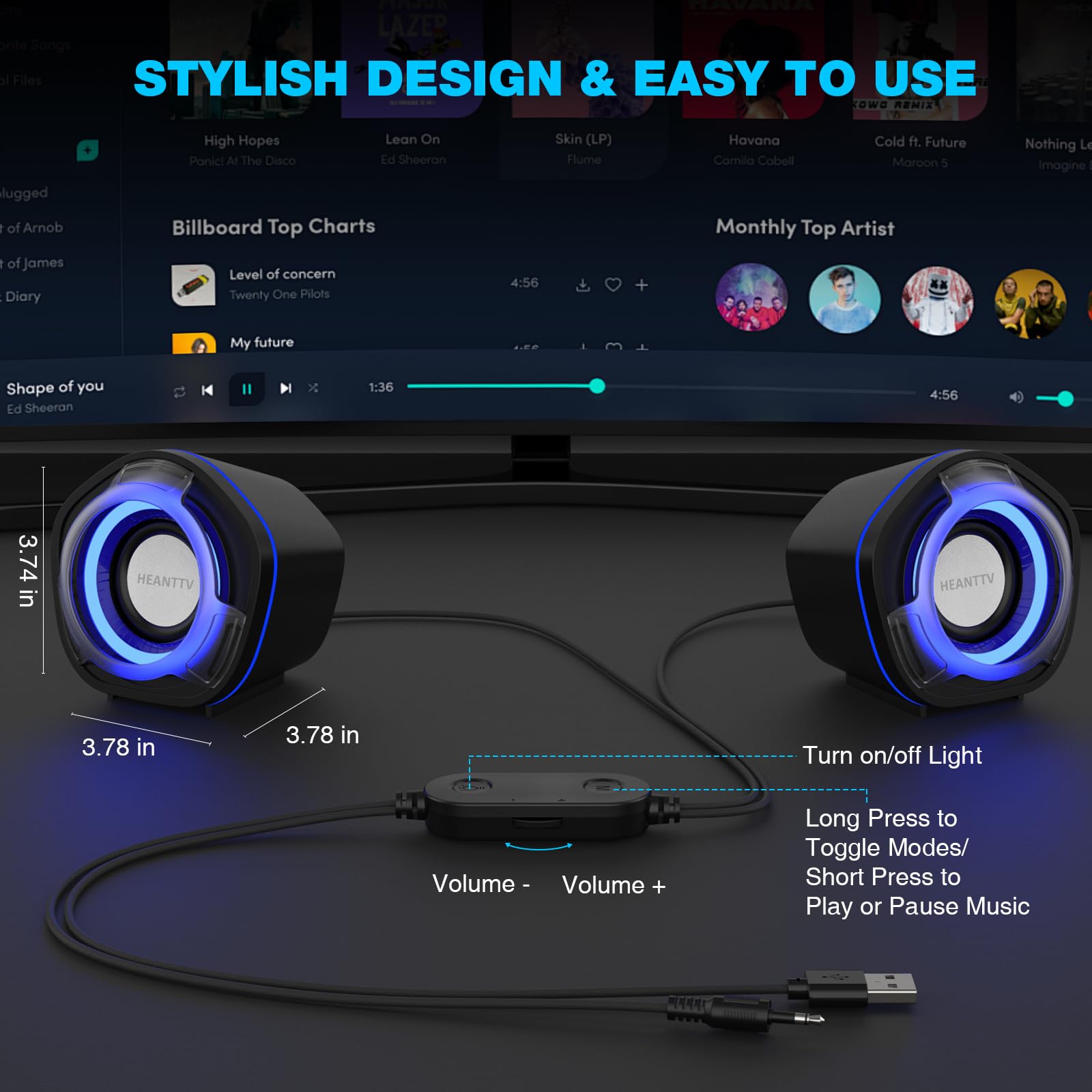 HEANTTV Computer Speaker, PC Speakers for Desktop Monitors, 2.0 Stereo Volume Control with LED Light, USB Powered & 3.5 mm jack, Perfect Multimedia Speakers for Monitors, Computer, Laptop,Smartphones