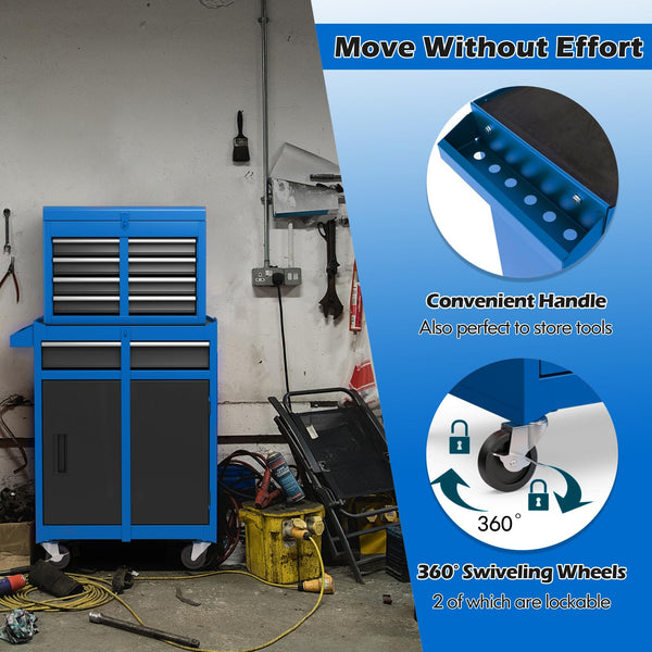 COSTWAY Large Rolling Tool Cabinet, 2-in-1 Detachable Metal Tool Chest with Drawers, Wheel, Handle, Hooks & Pegboard, Lockable Tool Box Trolley for Garage Workshop (with Middle Compartment, Black)