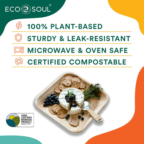 ECO SOUL 100 Disposable Palm Leaf Plates 10(25cm) Square Large Bamboo Plate I Eco Friendly, Biodegradable, Compostable Heavy-Duty Plate, Wooden
