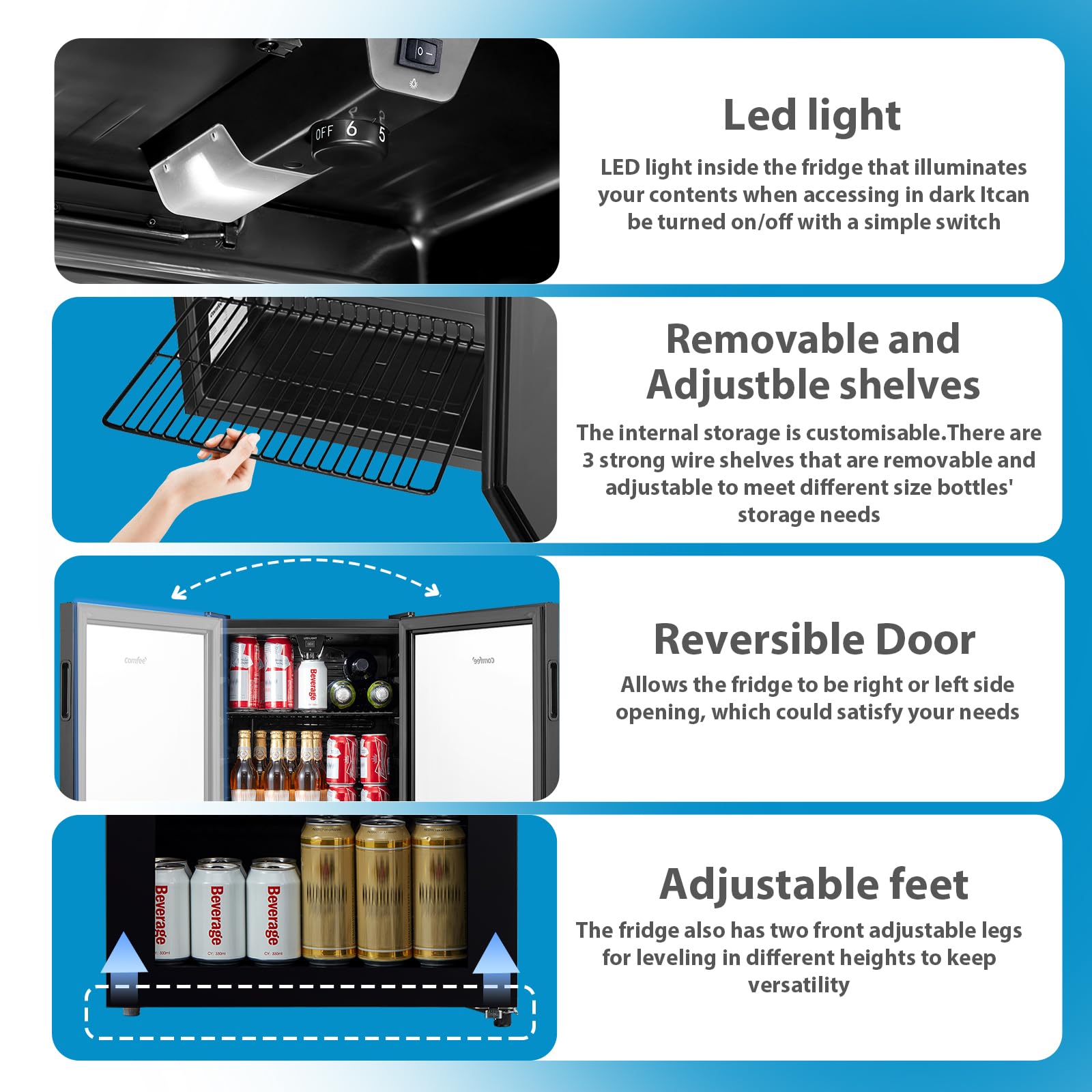 COMFEE' RCZ99BG2(E) Under Counter Beer & Drinks Fridge-93L Capacity,Holds up to 115 Cans, Premium Temperature Performance (2℃ to 15℃), Full Length Low-E Glass, Removable Shelves, LED Light, Low Noise