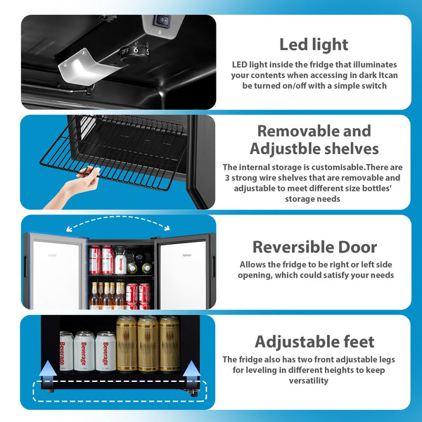 COMFEE' RCZ99BG2(E) Under Counter Beer & Drinks Fridge-93L Capacity,Holds up to 115 Cans, Premium Temperature Performance (2℃ to 15℃), Full Length Low-E Glass, Removable Shelves, LED Light, Low Noise