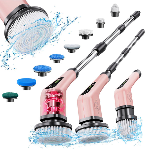 Leebein Electric Spin Scrubber, Cordless Cleaning Brush with 8 Replaceable Brush Heads, Extendable Long Handle Bathroom Cleaning Scrubber, 300/400RPM Spin Scrubber for Bathroom Kitchen Floor Tile