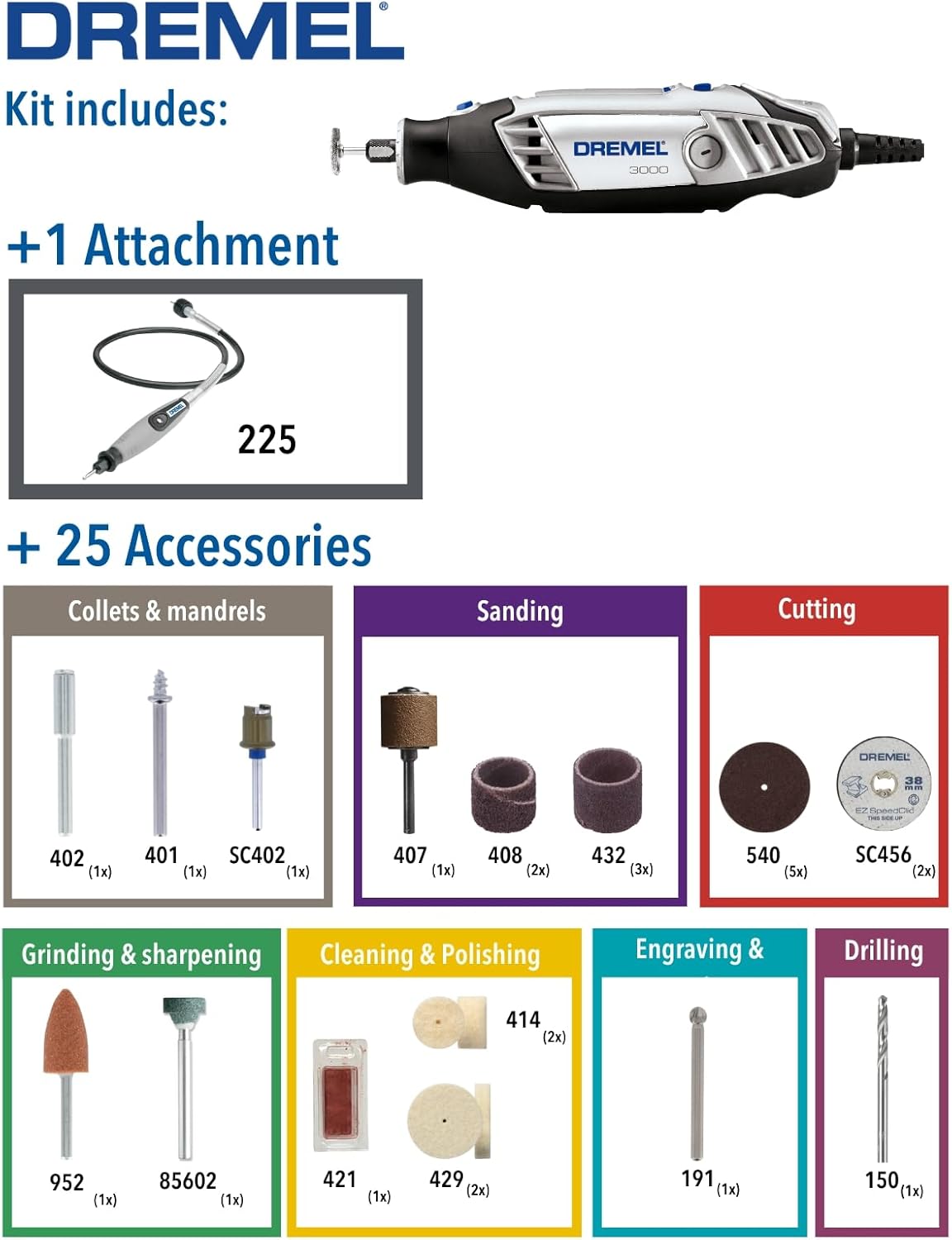 Dremel 3000 Rotary Tool 130 W, Multi Tool Kit with 1 Attachment 25 Accessories, Variable Speed 10.000-33.000 RPM
