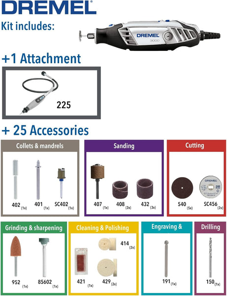 Dremel 3000 Rotary Tool 130 W, Multi Tool Kit with 1 Attachment 25 Accessories, Variable Speed 10.000-33.000 RPM