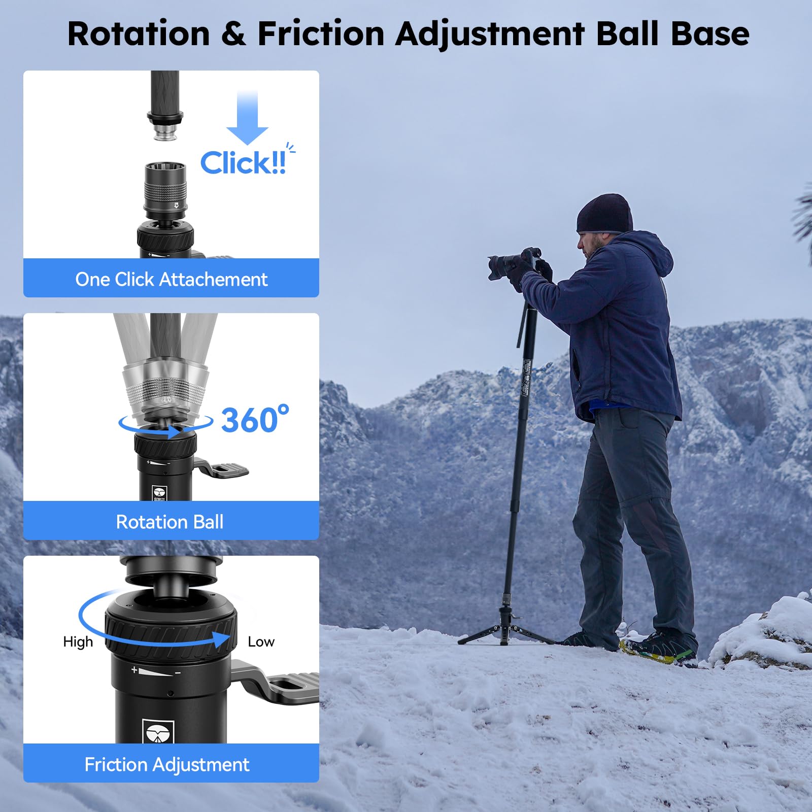 SIRUI SVM-145 Camera Monopod with Feet for Photography, 145cm Carbon Fibre Camera Monopod with Removable Tripod Stand Base, for DSLR, Camcorder, Max Load 10kg