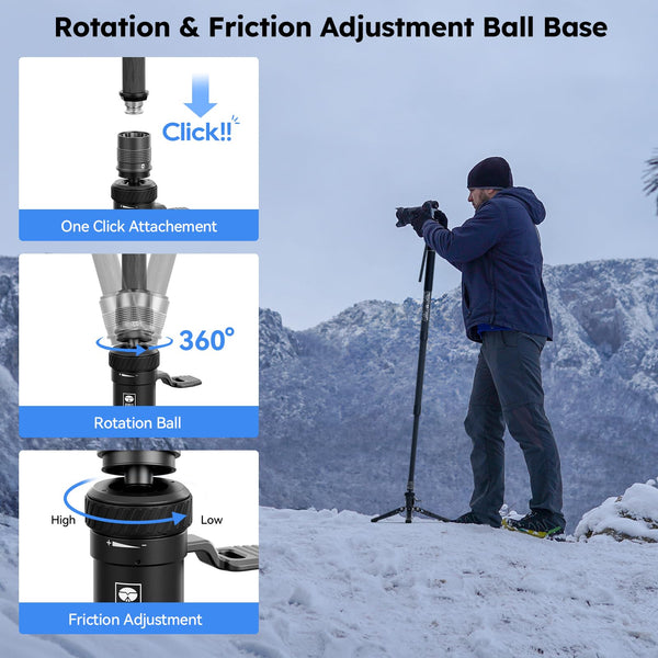 SIRUI SVM-145 Camera Monopod with Feet for Photography, 145cm Carbon Fibre Camera Monopod with Removable Tripod Stand Base, for DSLR, Camcorder, Max Load 10kg