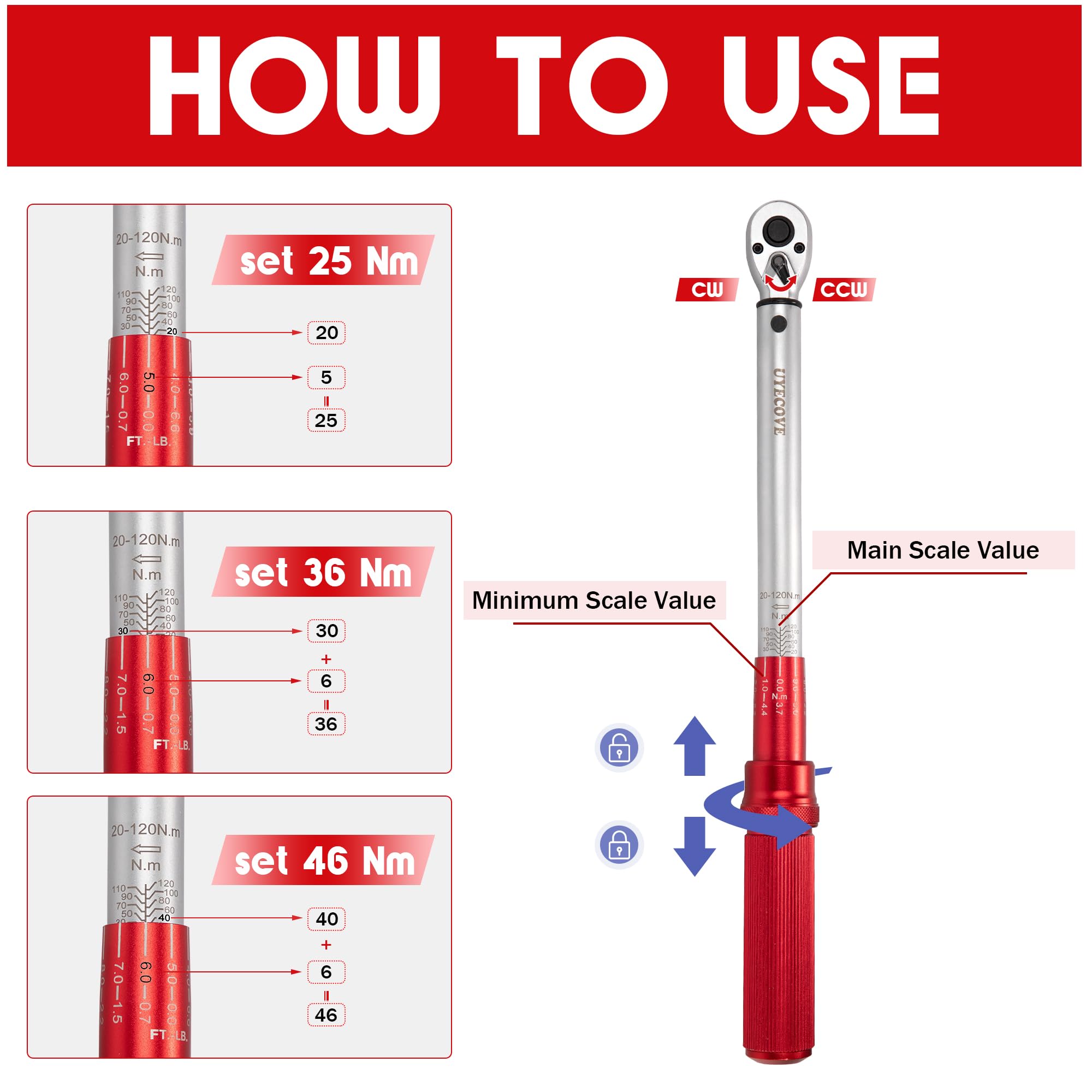 Torque Wrench Set 1/4 5-25Nm, 3/8 20-120Nm, 1/2 40-220Nm, 72 Tooth Dual-Direction Reversible Click Torque Wrenches for Bike Motorcycle, Car, Truck