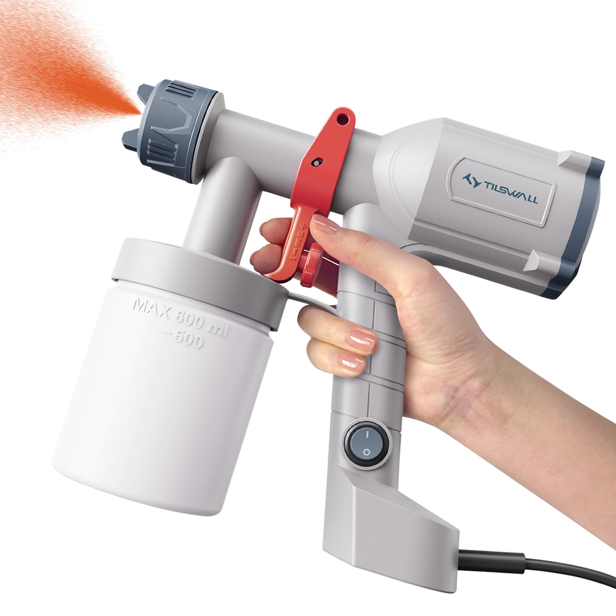 Tilswall Paint Sprayer, Ultra-Light Electric Paint Spray Gun with 600ml Detachable Cup, 2 Nozzles & 3 Patterns - Perfect for Fences, Sheds, Walls, Ceilings, Furniture, Cabinets, Garden & DIY, White