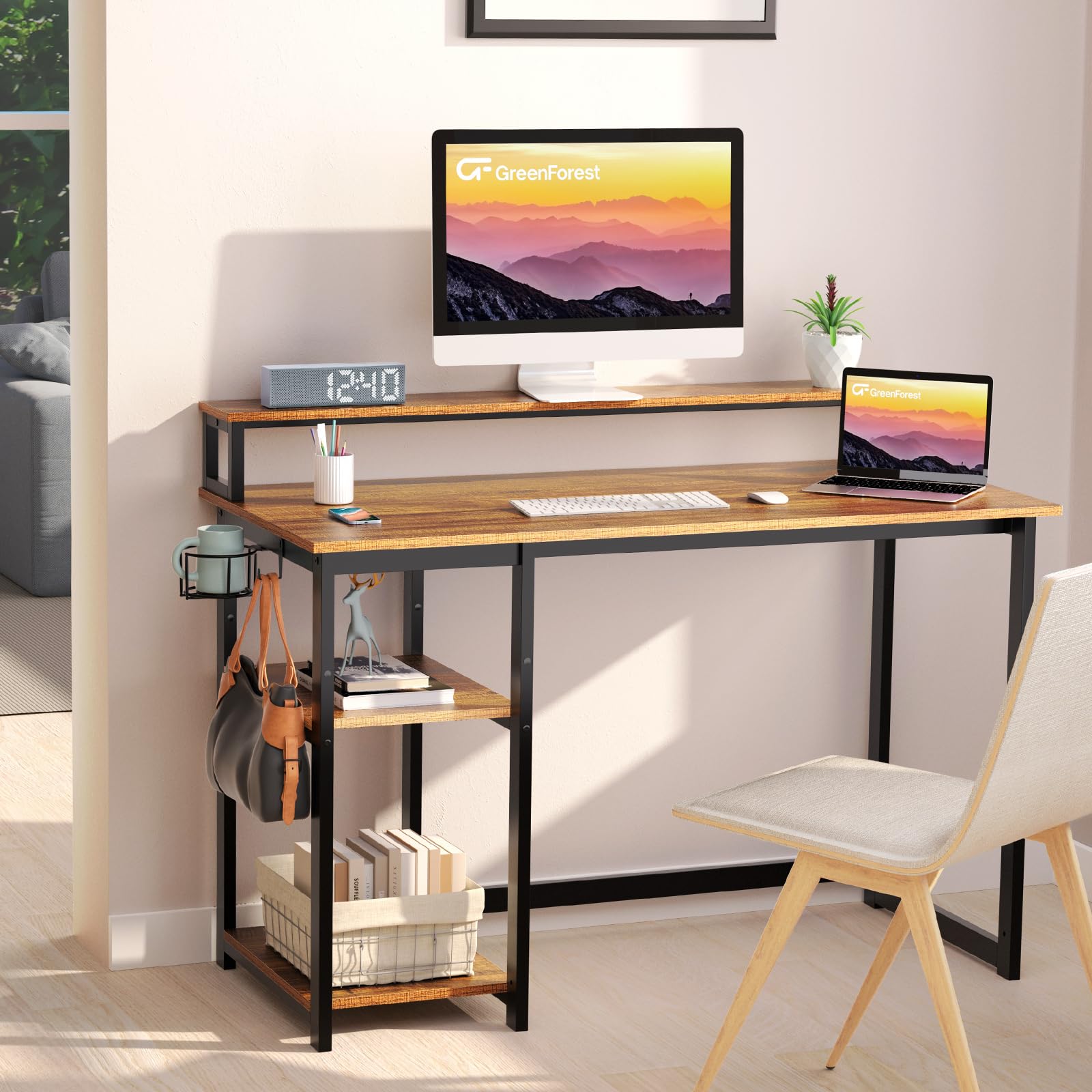 GreenForest Computer Desk with Full Monitor Stand,100 cm Home Office Desk with Reversible Storage Shelves,Small Study Desk with Headphone Hook and Cup